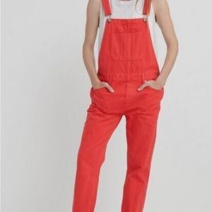 NWOT lucky brand boyfriend overalls in red.